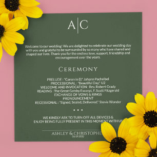 Programme Cérémonie de Mariage de monogramme vert de mousse