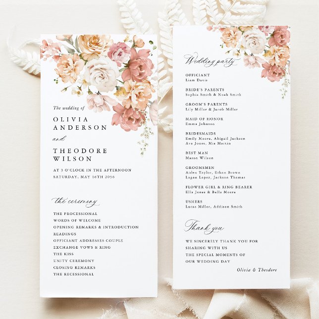 Programme Cérémonie de mariage floral rose poussiéreuse (Dusty Pink Rose Floral Wedding Program, double sided ceremony program, blush wedding stationery)