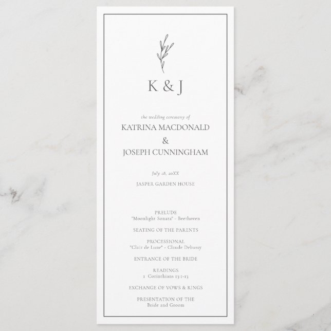 Programme Cérémonie de Mariage noir et blanc minimaliste Élé (Devant)