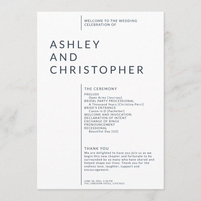 Programme Cérémonie de Mariage simple Navy Blue Isolés Names (Devant)
