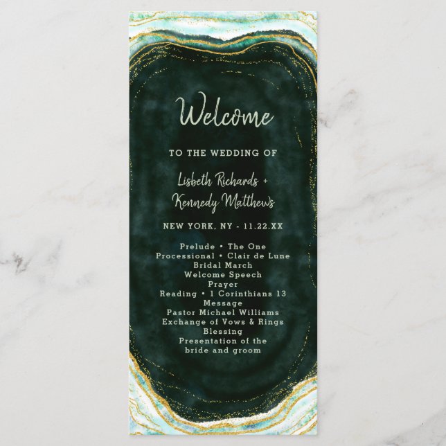 Programme Cérémonie de Mariage turquoise Green & Gold Agate  (Devant)