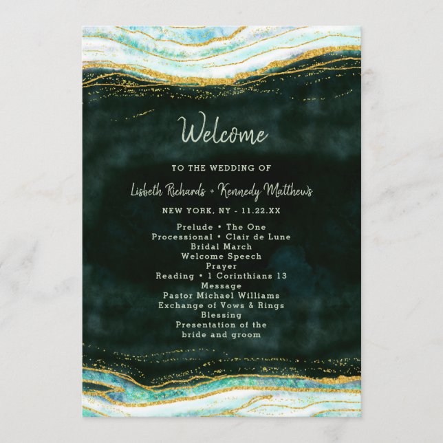 Programme Cérémonie de Mariage turquoise Green & Gold Agate  (Devant)