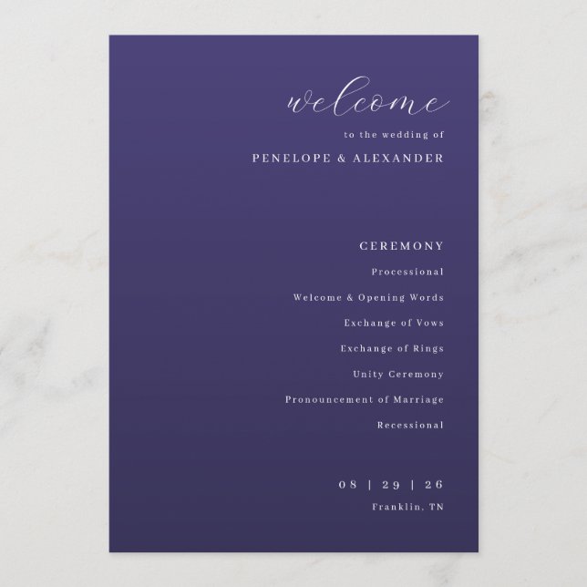 Programme Cérémonie de mariage typographique violet élégant (Devant)