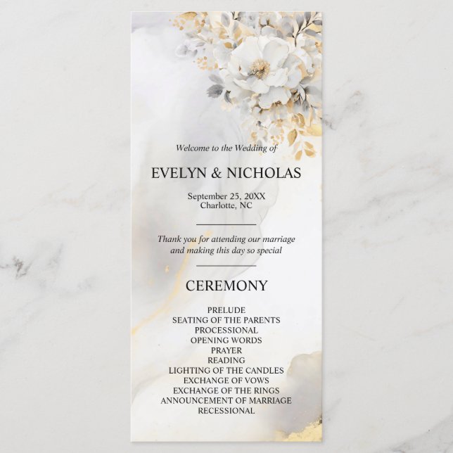 Programme Cérémonie de pivoine Floral Gold Grey Silver (Devant)