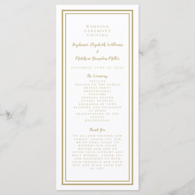 Programme Cérémonie de service de mariage or Élégant Minimal (Devant)