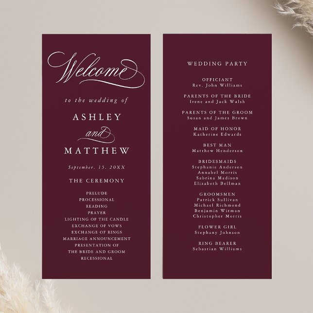 Programme Cérémonie du Mariage de calligraphie romantique de (Front & Back)