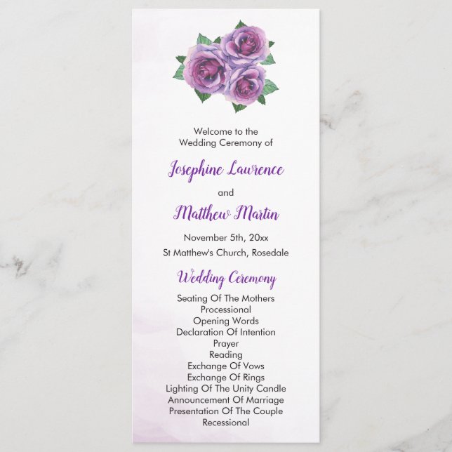 Programme Cérémonie du Mariage du bouquet de rose violet (Devant)