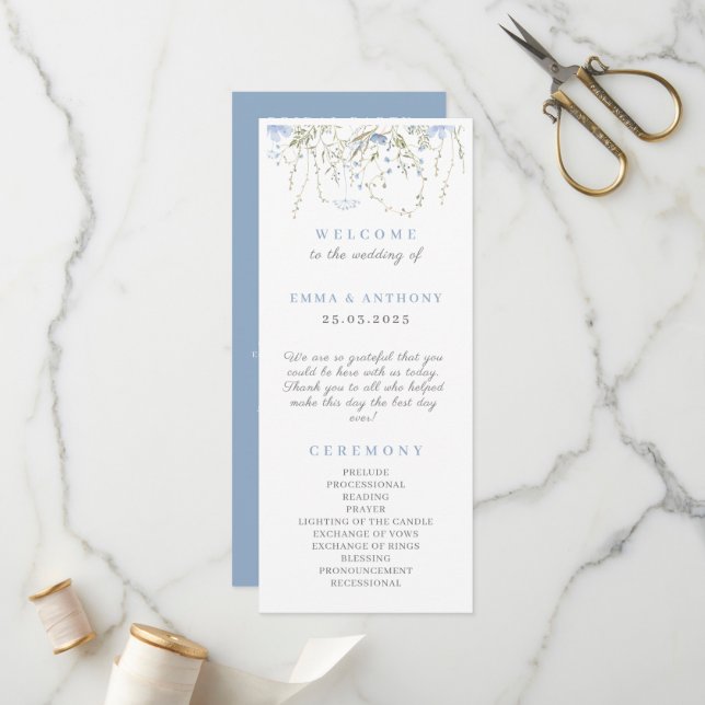 Programme Cérémonie du Mariage fleur sauvage Periwinkle (Devant/Arrière en situation)