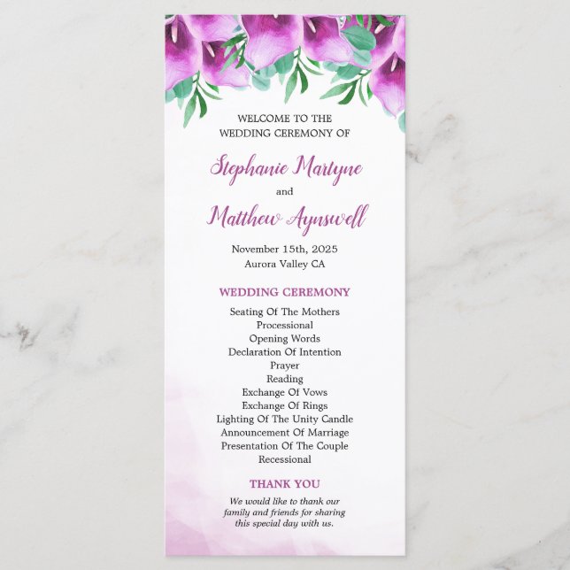 Programme Cérémonie du Mariage floral de Calla Lily (Devant)