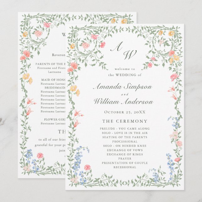 Programme Cérémonie du Mariage Floral Rose Meadow Pastel (Devant / Derrière)