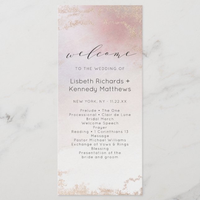 Programme Cérémonie du Mariage Ombre Blush Pink Frosted Foil (Devant)