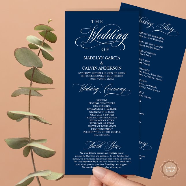 Programme Cérémonie mariage, Classy Elegance (Wedding Ceremony Program Card, in Modern Classy Elegant Design, in Navy Blue)