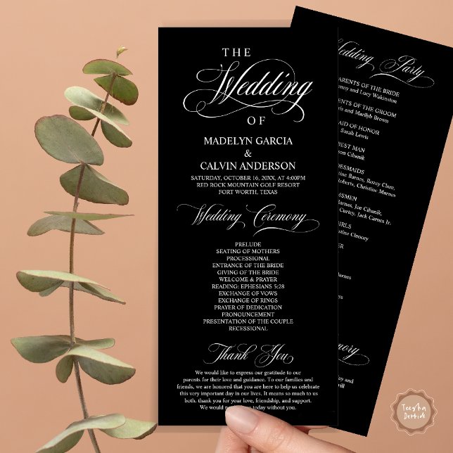 Programme Cérémonie mariage, Classy Elegance Noir (Wedding Ceremony Program Card, in Modern Classy Elegant Design, in Timeless Black)