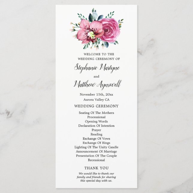 Programme Cérémonie Mariage des orchidées roses d'aquarelle (Devant)
