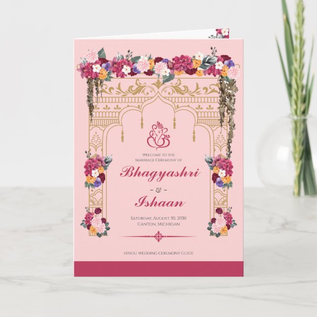 Programme Cérémonie Mariage hindoue Pink Tropical Floral (Devant)