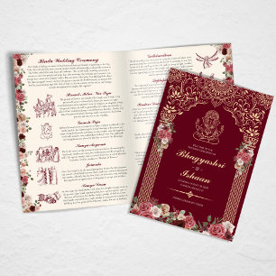 Programme Cérémonie Mariage hindoue rouge, or, rose florale