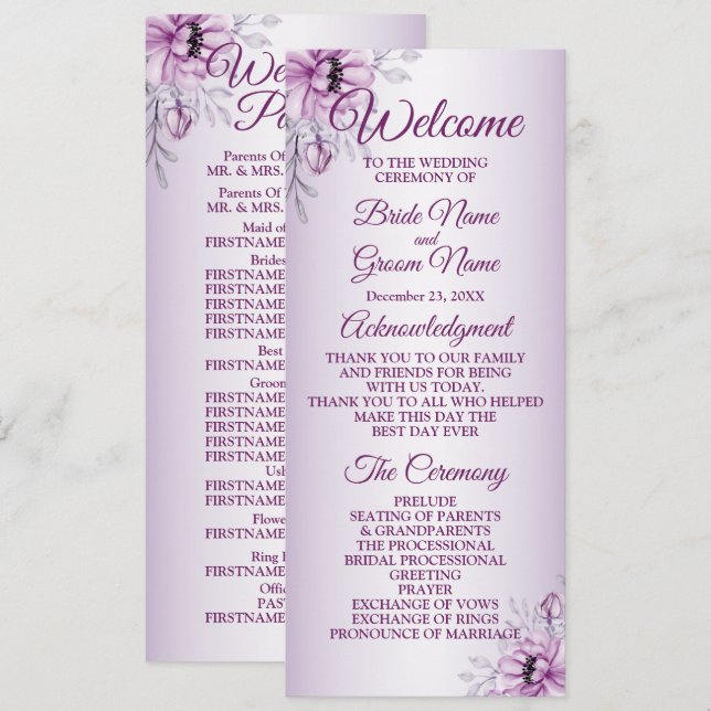 Programme Cérémonie mariage Rose Floral Violet Violet Frame (Devant / Derrière)