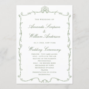 Programme Cérémonie victorienne de Mariage orné Grace Sage v