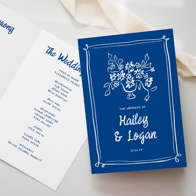 Programme Cérémonie Whimsical Illustré Moderne Mariage Bleu (Créateur téléchargé)