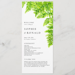Programme Chartreuse Vert Feuilles de Fougère Mariage Aquare