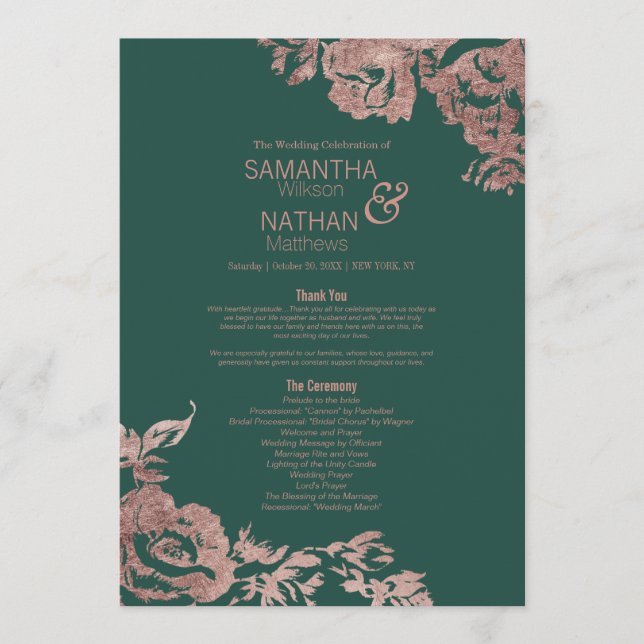 Programme Chic Emerald Green Rose or Mariage Floral or (Devant)