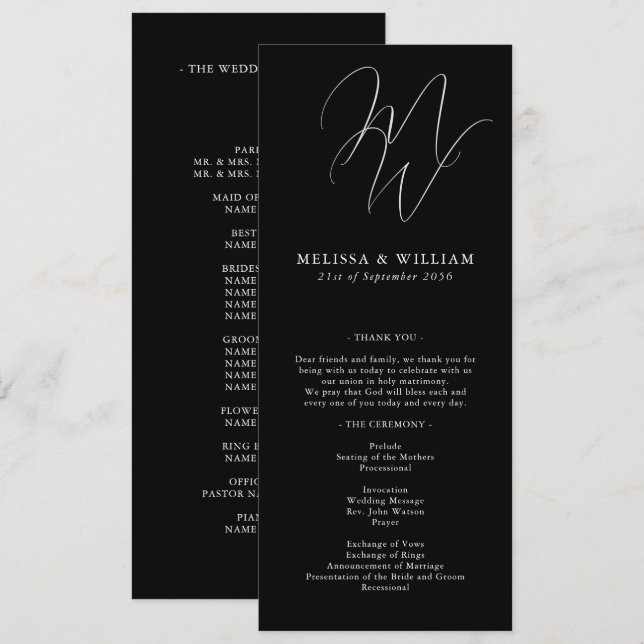 Programme Chic Monogramme moderne Mariage noir et blanc (Devant / Derrière)