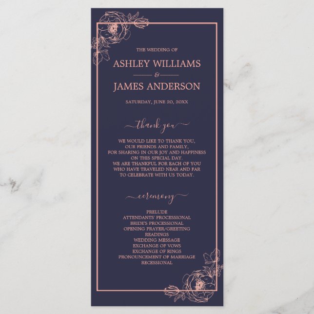 Programme Chic Rose bleu foncé or Floral Outline Mariage (Devant)
