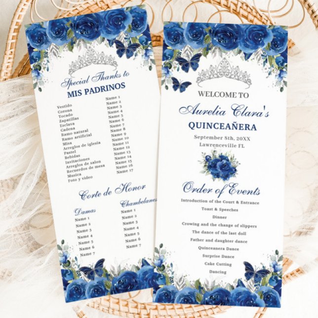 Programme Chic Royal Blue Floral Quinceañera Ordre des événe (Créateur téléchargé)