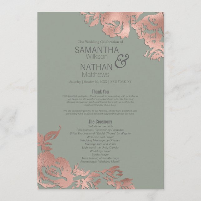 Programme Chic Sage Vert Rose or Mariage Floral or (Devant)