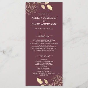 Programme Chic Script Gold Floral Rose Bourgogne Mariage
