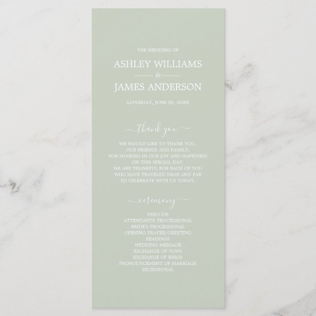 Programme Chic Script Pastel Vert Simple Minimal Mariage (Devant)
