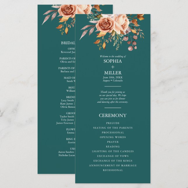 Programme Chute Turquoise Aquarelle Terracotta mariage Flora (Devant / Derrière)
