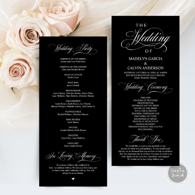 Programme Classic Elegance Black Script Mariage cérémonie (Wedding Ceremony Program Card, in Classic Elegance Classy Delicate Black and white themed )