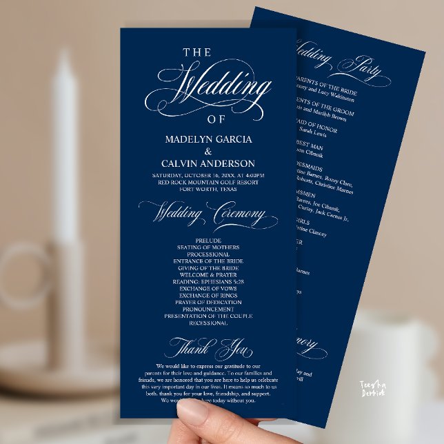 Programme Classic Elegance Gold Script, Cérémonie Mariage (Classic Elegance, Wedding Ceremony Program, Ceremony and Thank you in Classy Navy Blue)
