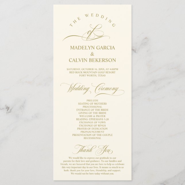 Programme Classic Elegance Gold Script, Cérémonie Mariage (Devant)