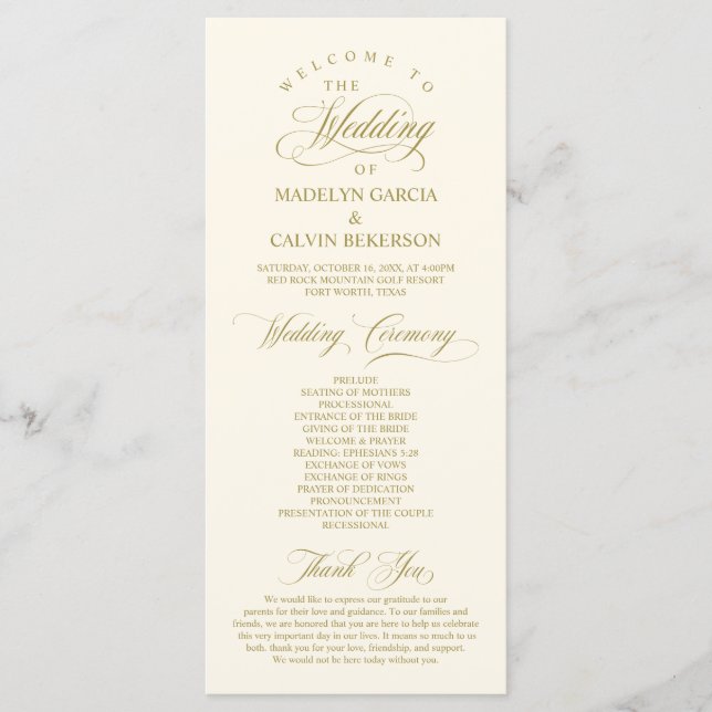 Programme Classic Elegance Gold Script, Cérémonie Mariage (Devant)