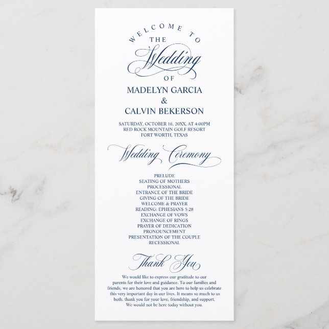 Programme Classic Elegance Marine Bleu Script Mariage cérémo (Devant)