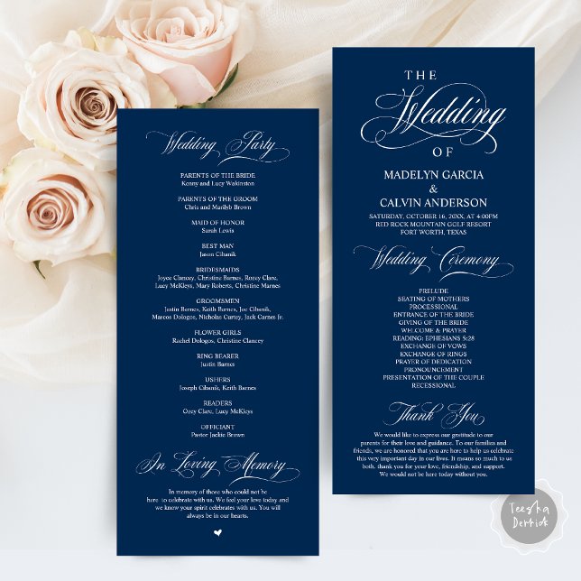 Programme Classic Elegance Marine Bleu Script Mariage cérémo (Wedding Ceremony Program Card, in Classic Elegance Classy Navy Blue themed )