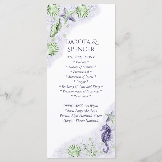 Programme Coastal Chic | Cérémonie de Mariage violet et vert (Devant)