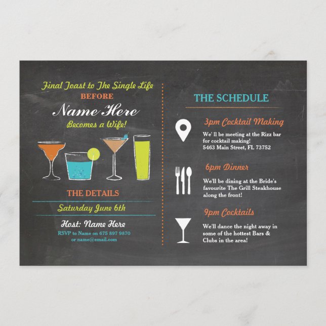 Programme Cocktails Fête des mariées Itinéraire Bachelorette (Devant)
