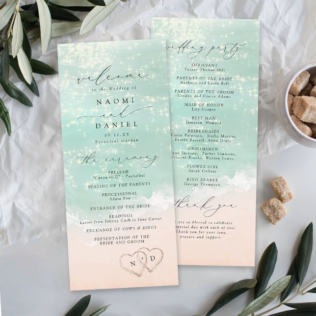 Programme Coeurs De Script Moderne Dans Le Mariage De La Pla (Modern Script Hearts In The Sand Beach Wedding Program)