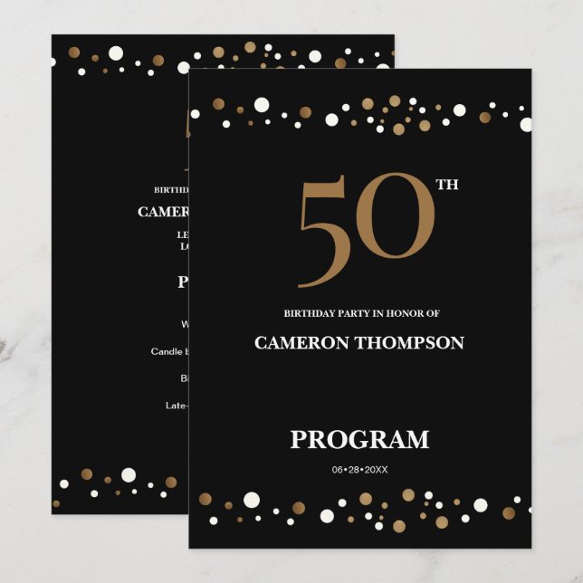 Programme Confetti Gold et Noir modifiable 50e anniversaire (Devant / Derrière)
