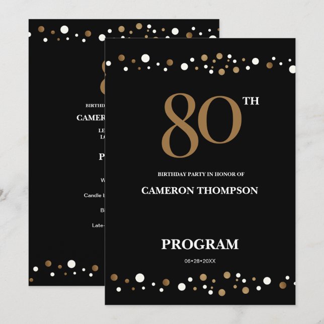 Programme Confetti Gold et Noir modifiable 80e anniversaire (Devant / Derrière)