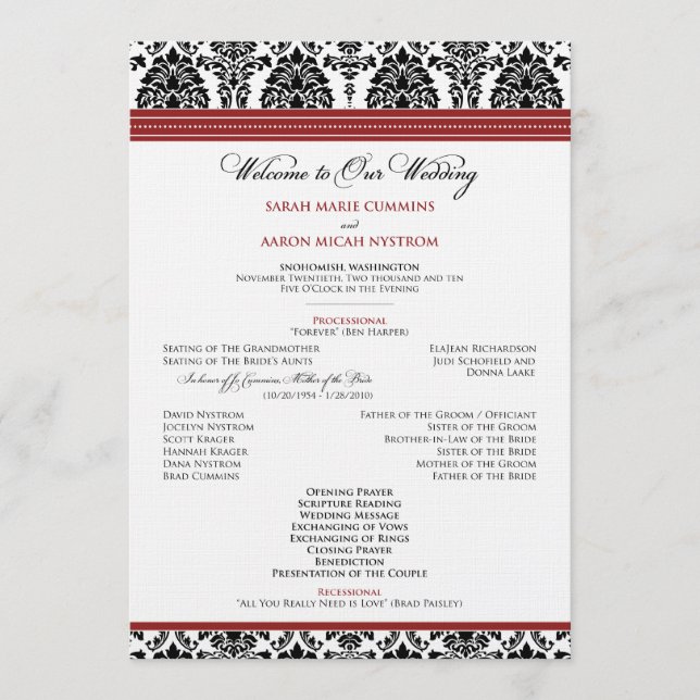 Programme : coutume : Damask black/red Wedding Program (Devant)