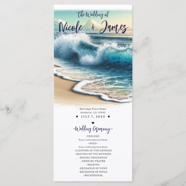 Programme Crashing Ocean Waves Coastal Beach Wedding Program (Devant)
