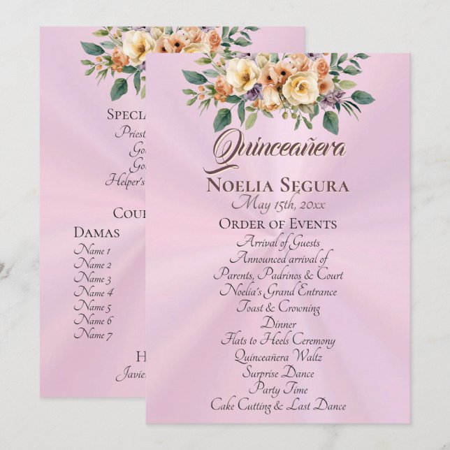 Programme Cream Floral Quinceanera Program - Pastel Pink (Devant / Derrière)