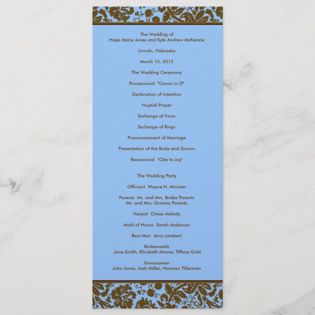 Programme Damas Brown sur le mariage bleu (Devant)