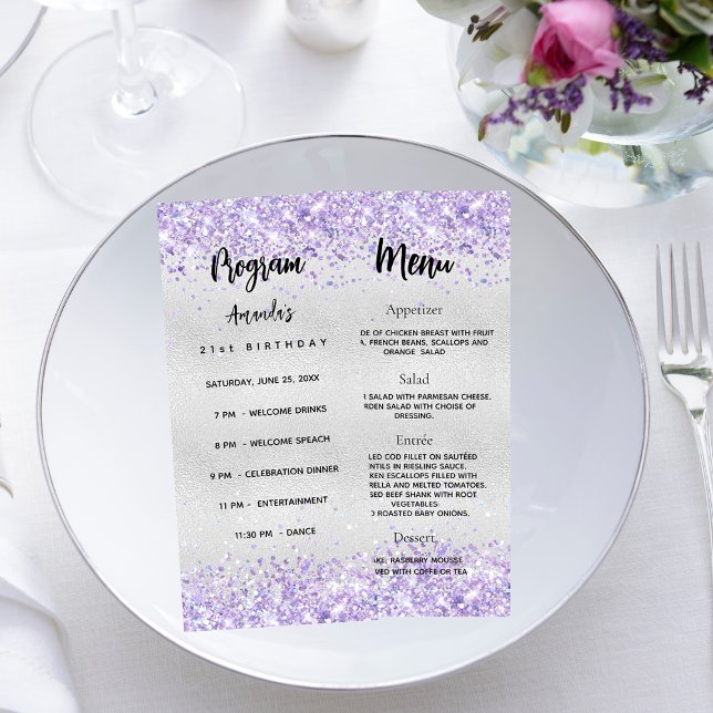 Programme d'anniversaire Menu violet argenté confe (Créateur téléchargé)
