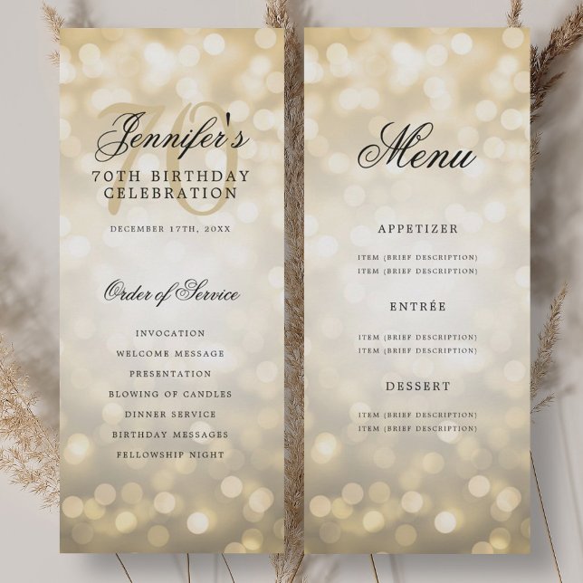Programme de 70e anniversaire élégant avec fond do (Elegant Gold Bokeh 70th Birthday Program w/ Menu)