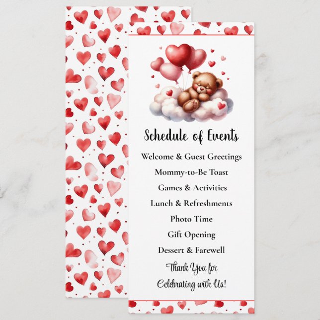 Programme de Baby Shower Ours de la Saint-Valentin (Devant / Derrière)